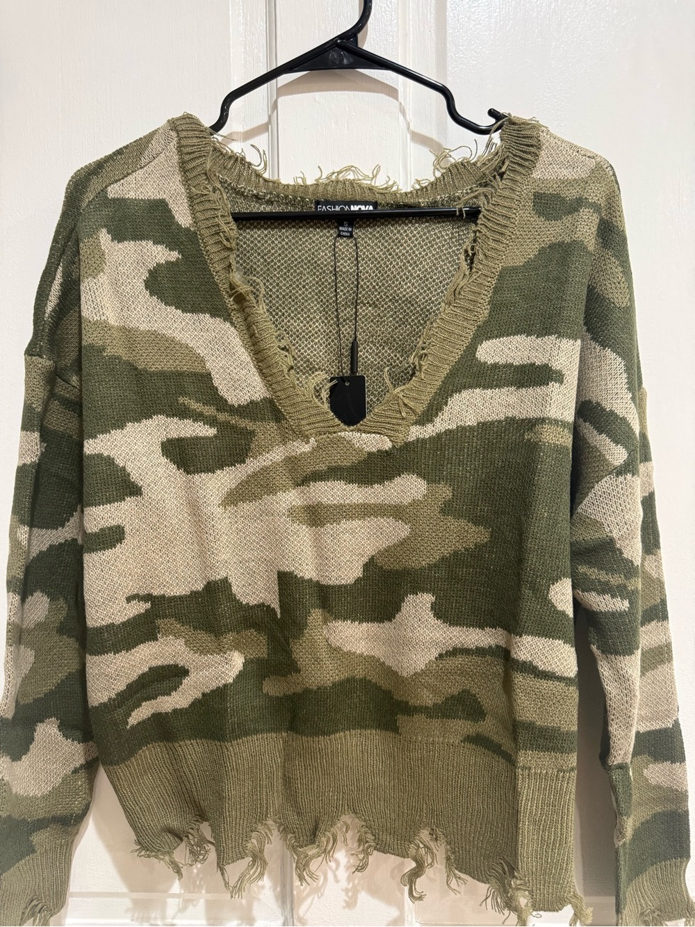 Fashion Nova Olive & Cream Camo Distressed V-Neck Sweater